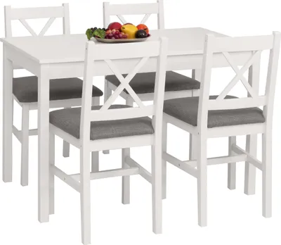 Produktbild von Esszimmer-Set HWC-F77, Sitzgruppe Esszimmergruppe, Massiv-Holz Kiefer Stoff Landhaus 110cm  weiß Polster grau