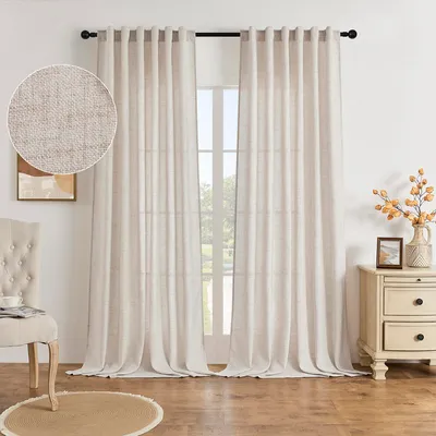 Produktbild von 2 Stück Vorhänge Leinenoptik Boho Vorhang Lichtfilterung Voile Stangentasche und Schlaufen Gardinen für Wohnzimmer Schlafzimmer, B127xH214cm
