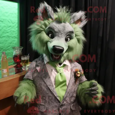 Productafbeelding van Mascot REDBROKOLY karakter van een groene hyena gekleed met een cocktailjurk en pochetten