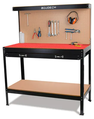 Immagine prodotto di Banco da lavoro porta utensili in metallo con parete e cassetti officina 120x60cm + 2 cassetti e 2 mensole porta utensili + Tappetino