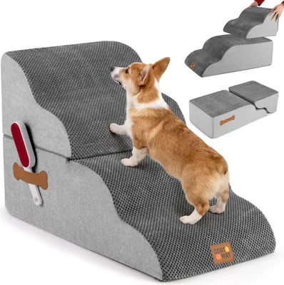 Produktbild von COSTWAY Hundetreppe 4 Stufen, Haustiertreppe für Kleine Hunde & Katzen, 50 cm hoch Treppe aus Hochdichtem Schwamm, Hunderampe mit Abnehmbarem Bezug