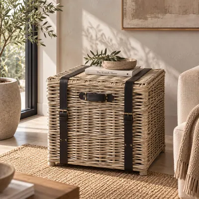 Productafbeelding van Rotan opbergkist MILO Kubu Grey – Kist met deksel & leren riemen | Solani Home