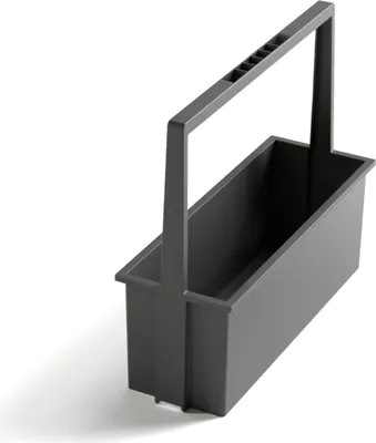 A dark gray carrying basket with a handle, shown from a high angle against a white background.
