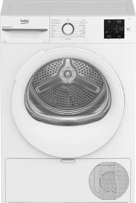 A front-on studio shot of a white Beko tumble dryer.