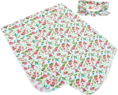Produktbild von Wickeldecken-Set für Mädchen aus Polyester mit Rosenmuster, inklusive Puckdecke und Stirnband, weich und hautfreundlich, ideales Geschenk für Babys