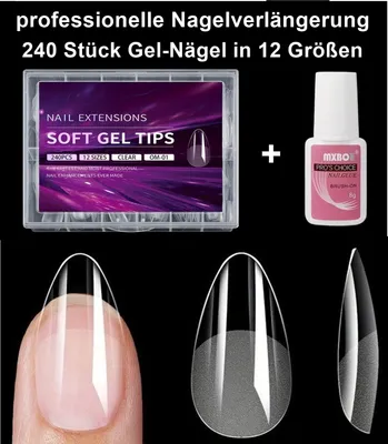 Produktbild von GKA 240 Stück hochwertige Soft Gel Nägel in 12 Größen Profi Nagelverlängerung Press on Kunstnägel S3 klar + Kleber