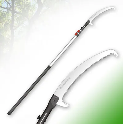A product shot of a telescopic pole saw and its detachable saw blade, set against a blurred background of trees and a green gradient.