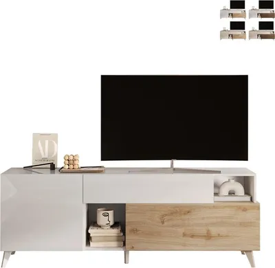 Produktbild von TV-Möbel mit 2 Türen , 1 Schublade & 2 Ablagefächern - 181 cm - Weiß lackiert & Holzfarben - DONALA