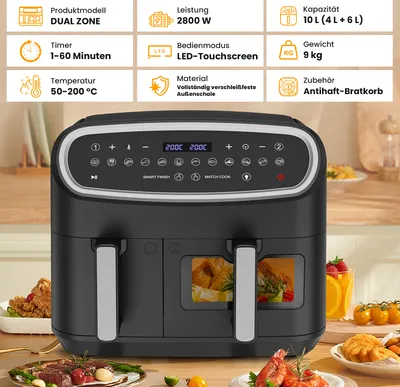 Produktbild von Doppelkammer Heißluftfritteuse 10L Airfryer mit Sichtfenster,LED Touch Screen,einstellbare Zeit/Temperatur Mini-Backofen Kompaktfriteusen