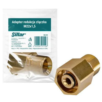 A brass adapter fitting is shown next to its packaging, which includes product information and branding.