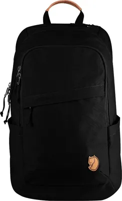A black backpack is shown against a white background.