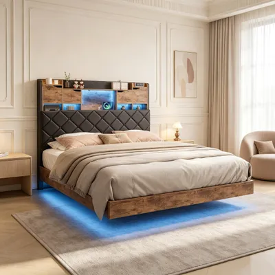 Obrázek produktu pro Postel INONEFT, rozměr 140x200 cm, čalouněná, s LED osvětlením a nabíjecí stanicí, kovový rám s úložným prostorem v čele, rošt. Barva: černá
