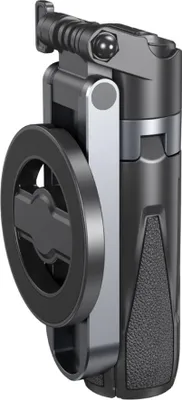 A close-up, side view of a black and silver selfie stick-tripod.
