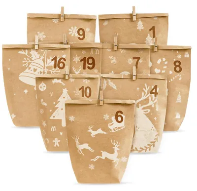 Produktbild von Adventskalender zum Befüllen, 24 Kraftpapiertüten, Weihnachten, Weiß, 17 x 21.5 cm