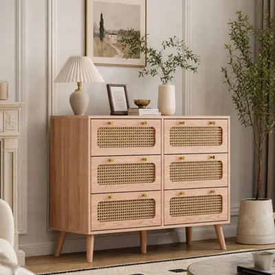 Image de INONEFT, buffet en rotin, commode avec 6 tiroirs, armoire de cuisine en bois avec poignées en métal, meuble de rangement moderne, dimensions : 100x34x73 cm, couleur bois