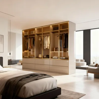 Produktbild von Kleiderschrank Luxemburg 6-Türig Glastüren mit goldfarbenen Glasrahmen Breite: 300 cm, Tiefe: 62 cm, Höhe: 218 cm, inkl. Zubehör Farbe: Beige Hochglan