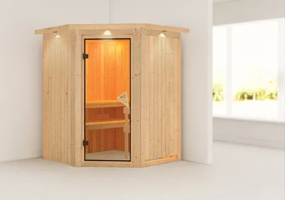 Produktbild von Sauna Larin : Bronzierte Ganzglastür : mit Dachkranz : ohne Ofen Dachkranz: mit Dachkranz Saunaofen: ohne Ofen Saunatür: Bronzierte Ganzglastür