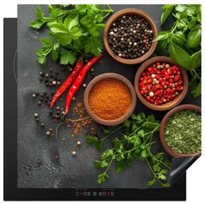 Obrázok produktu pre KitchenYeah® Kryt varnej dosky bylinky - paprika - betónový vzhľad, 78x78cm, kuchynská dekorácia, keramický kryt varnej dosky, krycia doska na varnú dosku