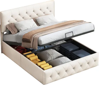 Productafbeelding van Moonbite bed met opbergruimte, 160x200 cm, fluweel, beige, LED-hoofdeinde en lattenbodem, hydraulische opbergkasten – voor een warme sfeer