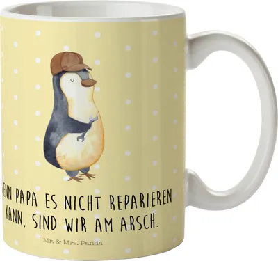 Produktbild von Mr. & Mrs. Panda Pott Wenn Papa es nicht reparieren kann, sind wir am Arsch - Gelb Pastell - Geschenk, Kindertasse, Muttertag, Kinderbecher, Vater, Vatertag, Pinguin