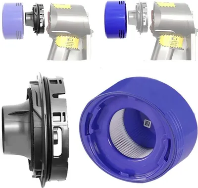 Collage of vacuum cleaner parts, showing disassembled components and a filter.