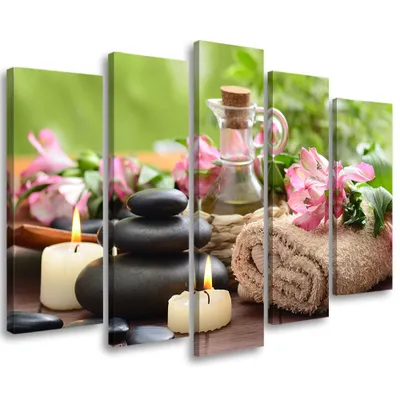 Produktbild von 5-teiliges leinwandbild handtuch kerzen stein 200x100 cm Feeby farbe wandbild bereit zum aufhängen