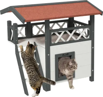 Produktbild von Katzenhaus aus Holz - Katzenhaus & Katzenhütte - 77×50×73 cm - Bitumendach - Weiße Leiter - Für Katzen