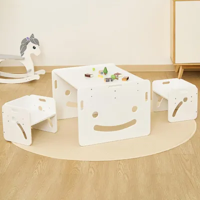 Imagen del producto de Mesa infantil con 2 sillas, con altura ajustable, para niños de 1 a 3 años, de color blanco, ideal para el cuarto de los niños
