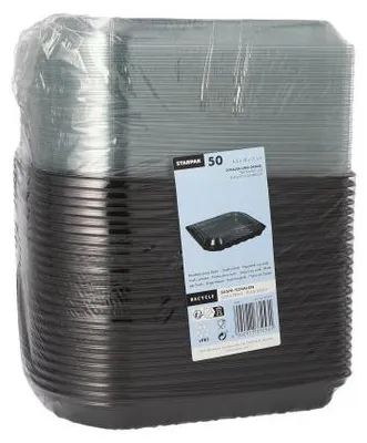 Produktbild von 600 Sushi-Schalen R-PET rechteckig 21 cm x 18 cm x 4,3 cm schwarz mit transparentem Deckel