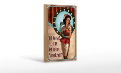 Produktbild von Holzschild Pinup 12x18cm ich backe was deine Superkraft