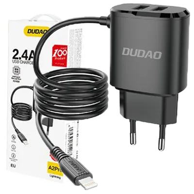 Produktbild von Dudao Netzladegerät 2X Usb Mit Integriertem Lightning Kabel 12 W Schwarz (A2Prol Schwarz)
