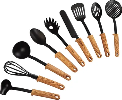 Immagine prodotto di Stoneline Back To Nature 17898 Set di utensili da cucina, manico in materiale effetto legno, 9 pezzi, lavabile in lavastoviglie, nero/aspetto legno