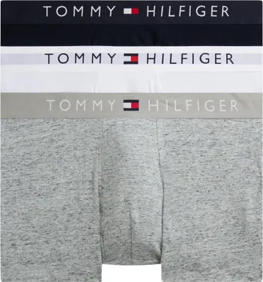Zdjęcie produktu dla Tommy Hilfiger, zestaw 3 par męskich bokserów typu "trunks" z logo, wielokolorowe (szary, biały, jasnoniebieski), rozmiar XS