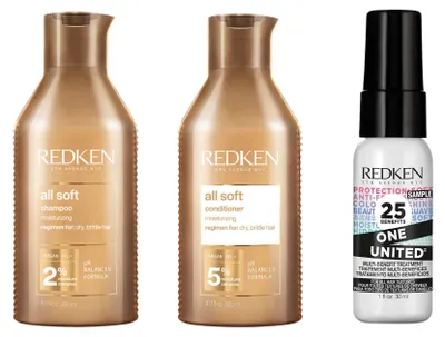Produktbild von Redken All Soft Shampoo- und Conditioner-Set mit einer en "One United" Haarpflegemaske