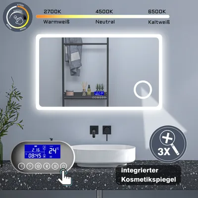 Produktbild von Badspiegel mit Beleuchtung 120×70cm Bluetooth 3×Schminkspiegel 3 Lichfarbe dimmbar Touch Schalter Anti-Beschlag Badezimmerspiegel Spiegel Warm/Neutral/Kaltweiß Energiesparend Lichtspiegel IP46