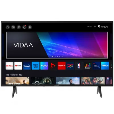 A smart TV displaying its home screen with various app icons and content recommendations.