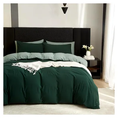 Produktbild von Bettwäsche aus Baumwolle 200x220cm in Dunkelgrün und Salbeigrün, einfarbig, Wendebettwäsche Set mit Bettbezug 200x220cm und 2 Kissenbezügen 80x80cm mit Reißverschluss