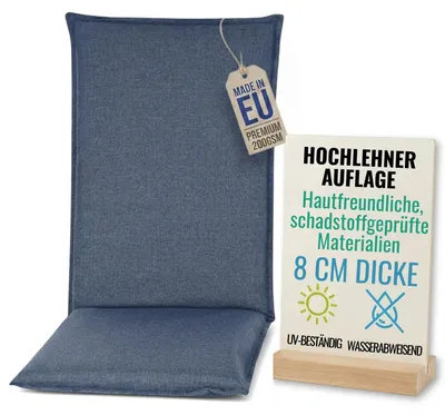 Produktbild von Pillows24 - Hochlehner Auflagen 120x50x8 cm | Bequeme & Wetterfeste Gartenstuhlauflagen | Polster Sitzkissen für  Gartenmöbel |   EU | Blau