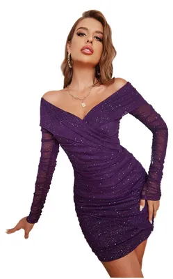 Produktbild von D&M Damen Schulterfreies glitzerndes Strickkleid aus Netzstoff, Lange Ärmel, off