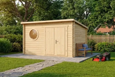 Produktbild von Alpholz Gartenhaus Maria-Rondo aus Holz, Gerätehaus 400x320cm mit 34 mm Wandstärke in Naturbelassen