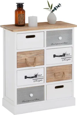 Produktbild von Kommode SALVA im Vintage Look mit 8 unterschiedlichen Schubladen, Shabby chic Schubladenschrank, weiß lasiertes Standregal