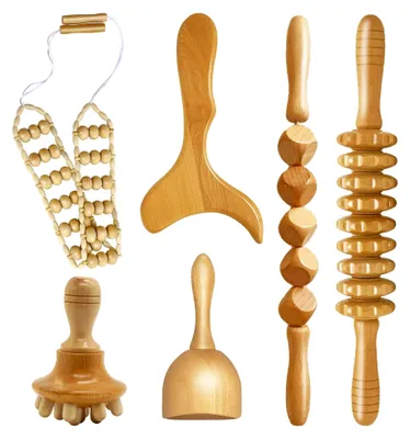 Produktbild von 6-in-1 Maderotherapie Set, Holz-Massagegerät gegen Cellulite, Massageroller und Gua Sha Set, Lymphdrainage Werkzeuge für Körpermassage, Stressabbau und Entspannung