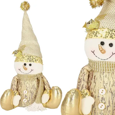 Produktbild von SPRINGOS Schneemann sitzende Figur 35 cm mit Zipfelmütze goldfarben Winter Dekoration für Weihnachten (Goldfarben 35 cm)
