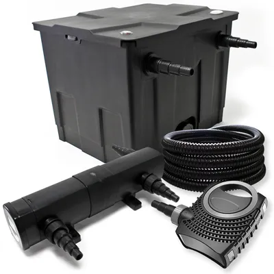 Zdjęcie produktu dla Kompletny zestaw Wiltec: filtr do oczka wodnego CBF-350 do 12000 l jako filtr przepływowy, pompa do oczka wodnego NEO10000 SuperECO 10000 l/h 80 W, odstojnik do oczka wodnego CUV-218 z odstojnikiem UVC 18 W, wąż do oczka wodnego 25 m 25 mm