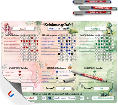 Produktbild von Aufgabenplaner Kinder DIN A3 - Motiviert Kinder spielerisch zum Erfolg! | Belohnungstafel Kinder ab 3 im Einhorn, Dino Design | Routine planer Kinder magnetisch inklusive bunte Markenstifte
