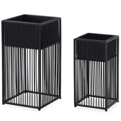 Produktbild von Blumentopf 2er Set Metall Pflanzkübel Schwarz mit Gestell, Design Pflanzenkübel Quadratisch, Blumenkübel Pflanzgefäß Indoor