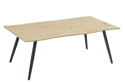 A rectangular coffee table with a light wood grain top and black metal legs, presented against a white background.