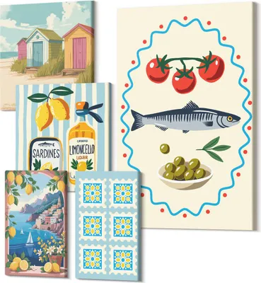 Obrázek produktu pro Obrazy Na Plátně – 5-Dílná Sada – Polycanvas – Moderní Obrazy – Dekorace Na Zeď – Do Obývacího Pokoje – Abstraktní Obrazy – 2x 30x30 cm + 2x 20x30 cm + 1x 40x60 cm – Středomořská kuchyně, svěží chutě a barevné akcenty