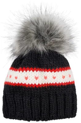 Produktbild von styleBREAKER Kinder Strick Bommelmütze mit Herzmuster und Thermo Fleece Futter, Winter Fellbommel Mütze, 3-5 Jahre 04024209