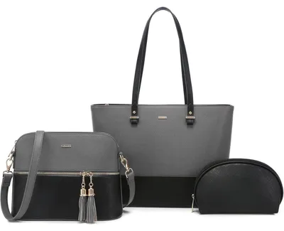 Immagine prodotto di Borsa a tracolla da shopping, set da 3 pezzi, grande, grigio e nero, in ecopelle